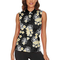 Black Tropical Hawaii Women Sleeveless Polo Shirt Seamless Monstera Plumeria Hawaiian Pattern LT14 - Polynesian Pride