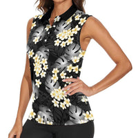 Black Tropical Hawaii Women Sleeveless Polo Shirt Seamless Monstera Plumeria Hawaiian Pattern LT14 - Polynesian Pride