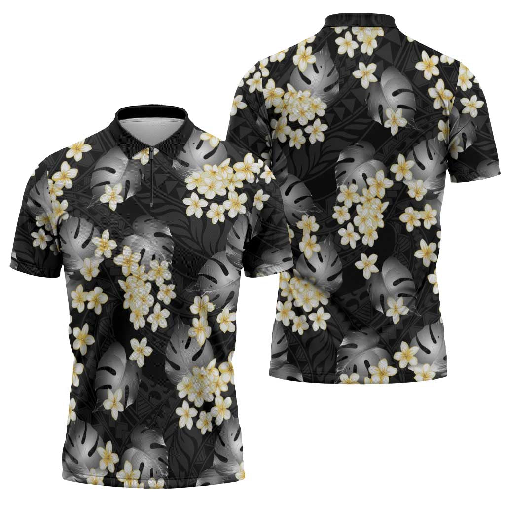 Black Tropical Hawaii Zipper Polo Shirt Seamless Monstera Plumeria Hawaiian Pattern - Polynesian Pride