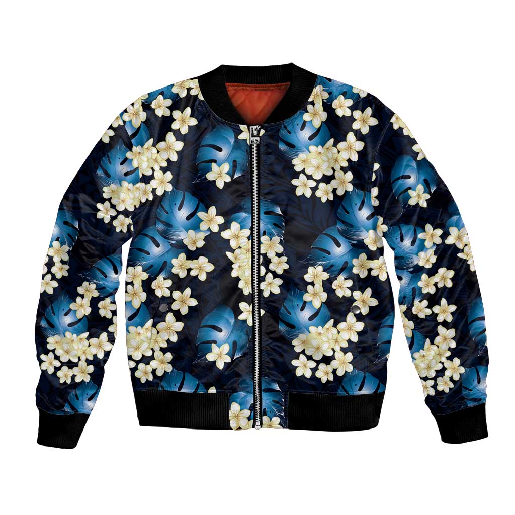 Blue Tropical Hawaii Bomber Jacket Seamless Monstera Plumeria Hawaiian Pattern LT14 Unisex Blue - Polynesian Pride