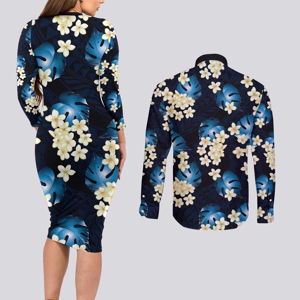 Blue Tropical Hawaii Couples Matching Long Sleeve Bodycon Dress and Long Sleeve Button Shirt Seamless Monstera Plumeria Hawaiian Pattern - Polynesian Pride
