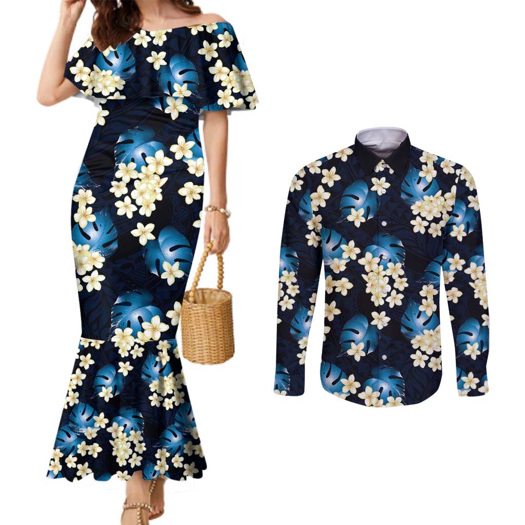 Blue Tropical Hawaii Couples Matching Mermaid Dress and Long Sleeve Button Shirt Seamless Monstera Plumeria Hawaiian Pattern - Polynesian Pride