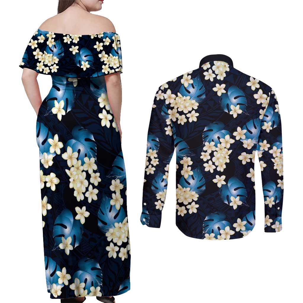Blue Tropical Hawaii Couples Matching Off Shoulder Maxi Dress and Long Sleeve Button Shirt Seamless Monstera Plumeria Hawaiian Pattern - Polynesian Pride