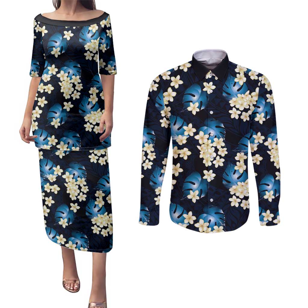 Blue Tropical Hawaii Couples Matching Puletasi and Long Sleeve Button Shirt Seamless Monstera Plumeria Hawaiian Pattern LT14 Blue - Polynesian Pride