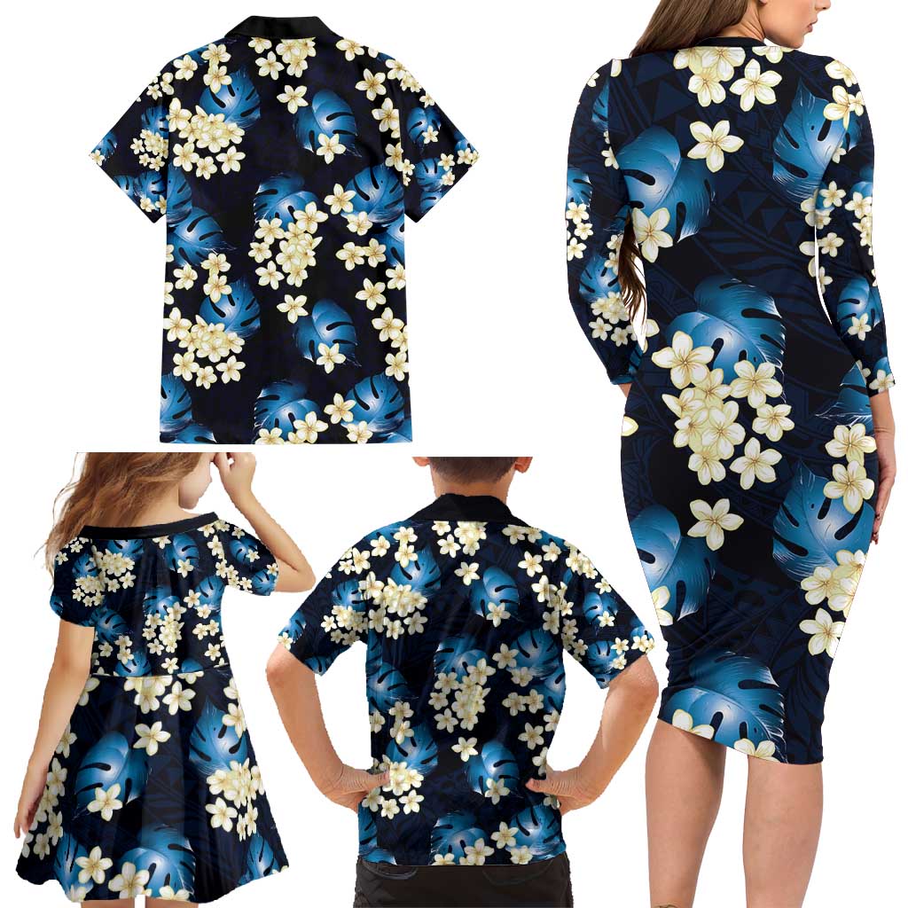 Blue Tropical Hawaii Family Matching Long Sleeve Bodycon Dress and Hawaiian Shirt Seamless Monstera Plumeria Hawaiian Pattern - Polynesian Pride