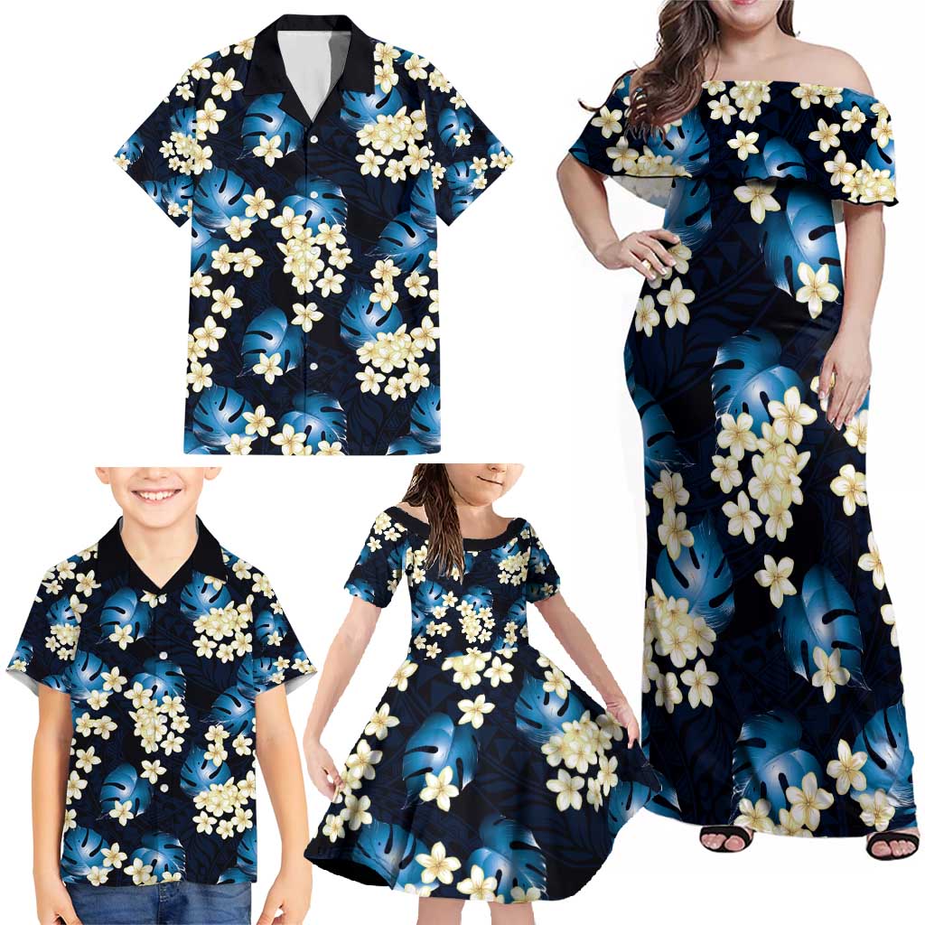 Blue Tropical Hawaii Family Matching Off Shoulder Maxi Dress and Hawaiian Shirt Seamless Monstera Plumeria Hawaiian Pattern - Polynesian Pride