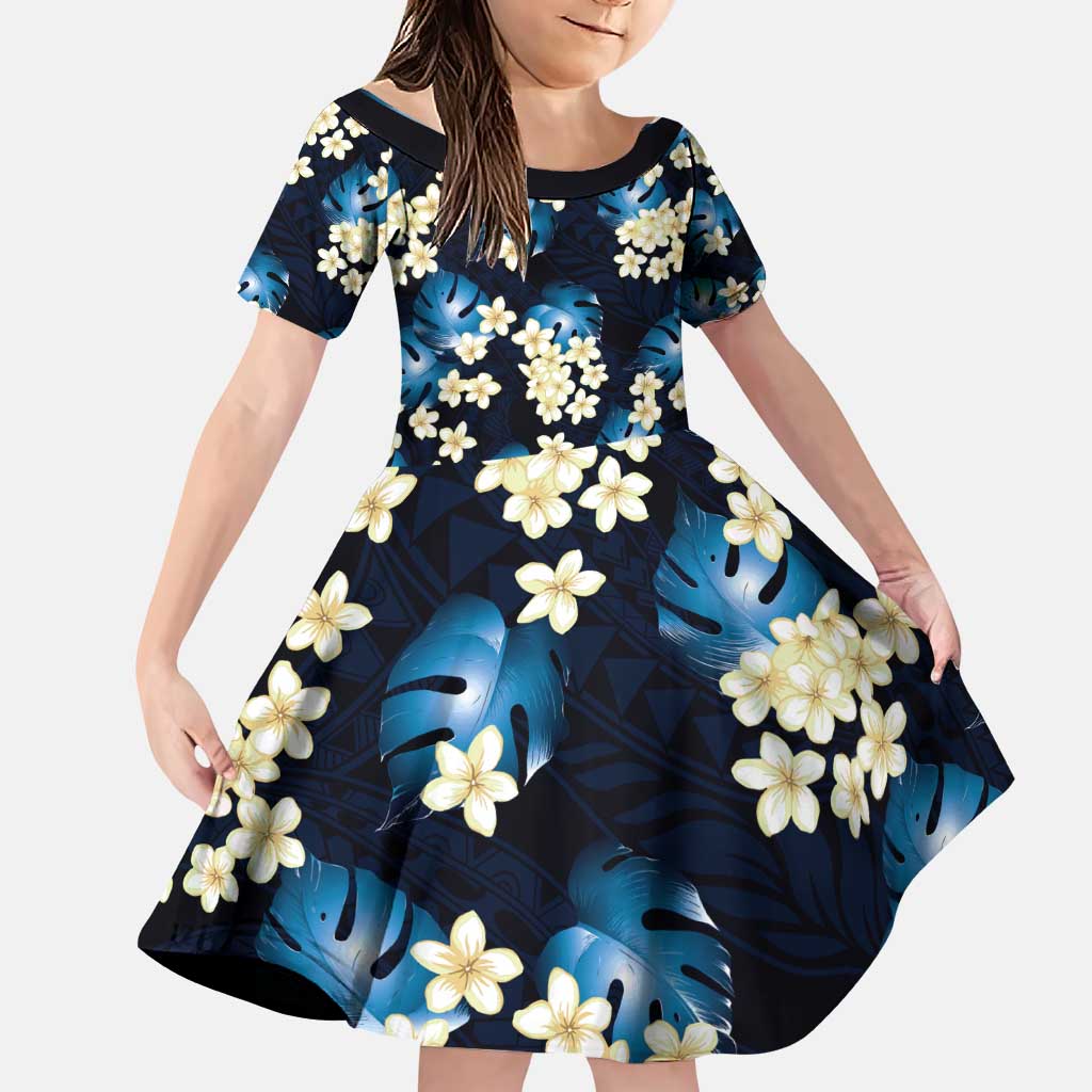 Blue Tropical Hawaii Family Matching Puletasi and Hawaiian Shirt Seamless Monstera Plumeria Hawaiian Pattern LT14 Daughter's Dress Blue - Polynesian Pride