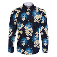 Blue Tropical Hawaii Family Matching Puletasi and Hawaiian Shirt Seamless Monstera Plumeria Hawaiian Pattern LT14 Dad's Shirt - Long Sleeve Blue - Polynesian Pride