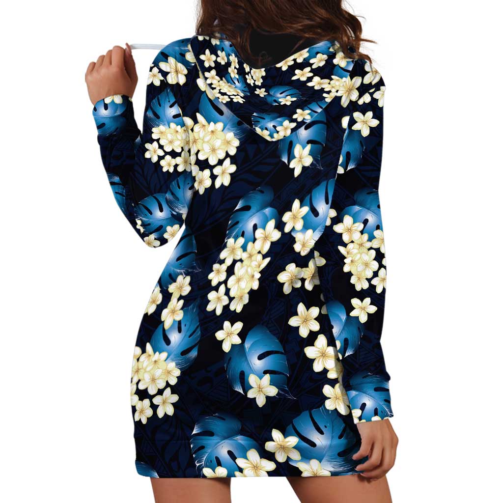 Blue Tropical Hawaii Hoodie Dress Seamless Monstera Plumeria Hawaiian Pattern - Polynesian Pride