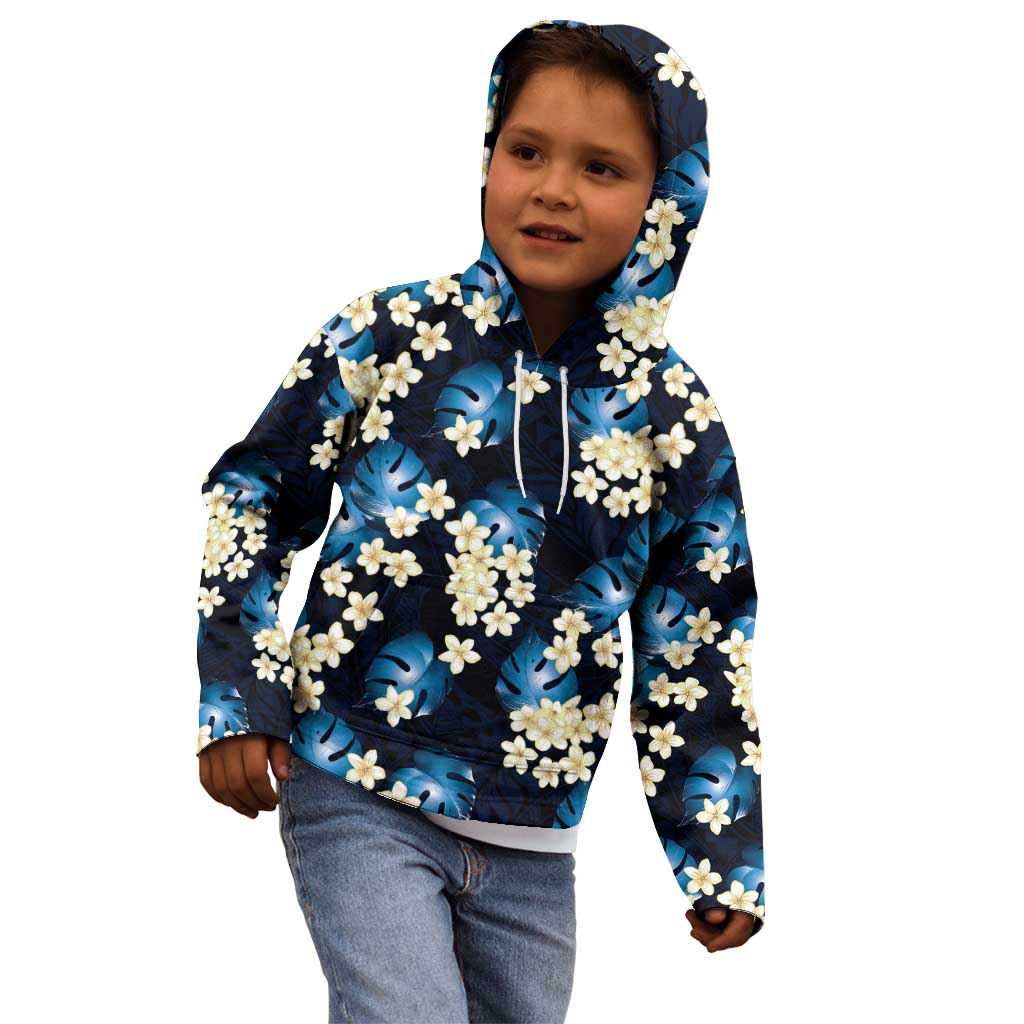 Blue Tropical Hawaii Kid Hoodie Seamless Monstera Plumeria Hawaiian Pattern - Polynesian Pride