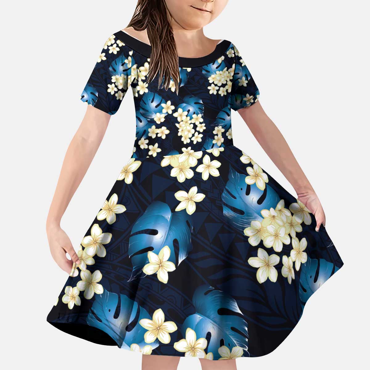 Blue Tropical Hawaii Kid Short Sleeve Dress Seamless Monstera Plumeria Hawaiian Pattern - Polynesian Pride