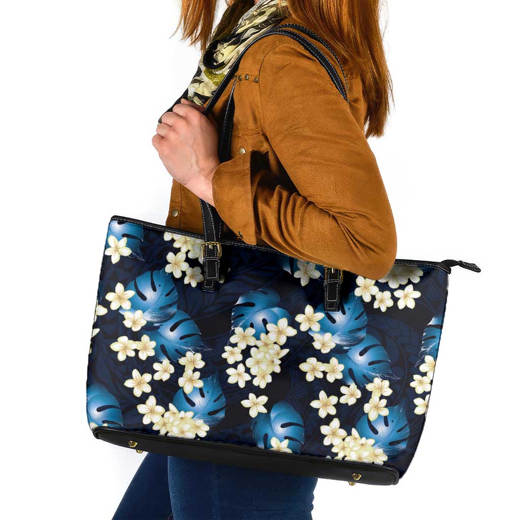 Blue Tropical Hawaii Leather Tote Bag Seamless Monstera Plumeria Hawaiian Pattern LT14 Blue - Polynesian Pride