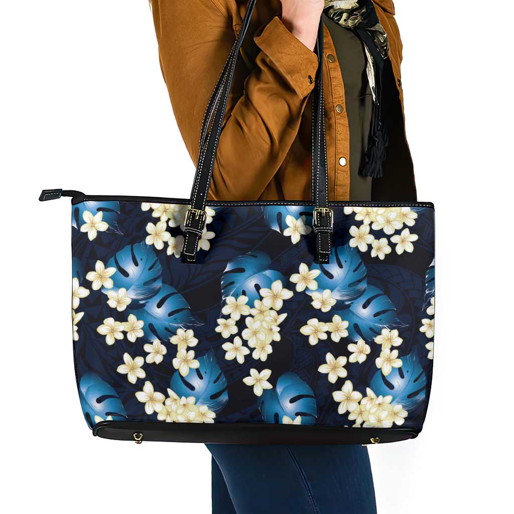 Blue Tropical Hawaii Leather Tote Bag Seamless Monstera Plumeria Hawaiian Pattern LT14 - Polynesian Pride