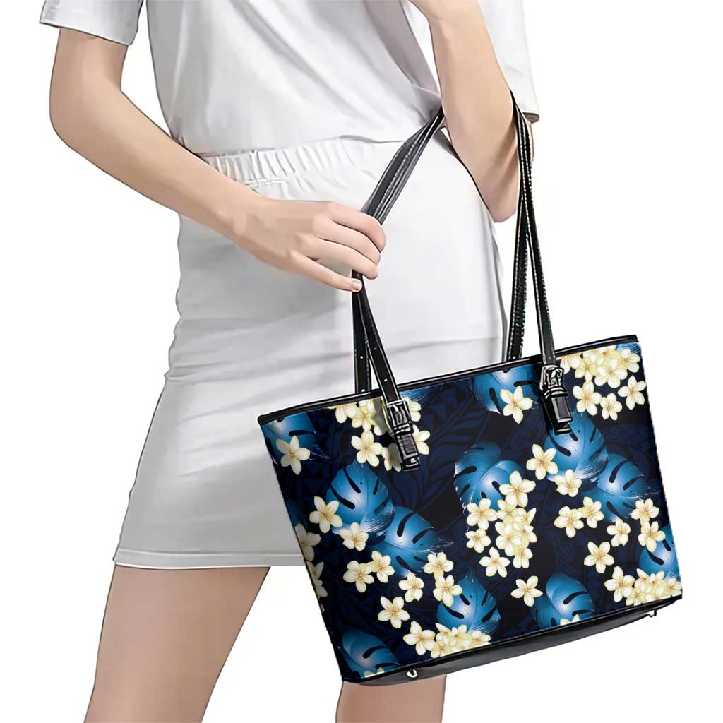 Blue Tropical Hawaii Leather Tote Bag Seamless Monstera Plumeria Hawaiian Pattern LT14 - Polynesian Pride