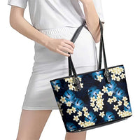 Blue Tropical Hawaii Leather Tote Bag Seamless Monstera Plumeria Hawaiian Pattern LT14 - Polynesian Pride
