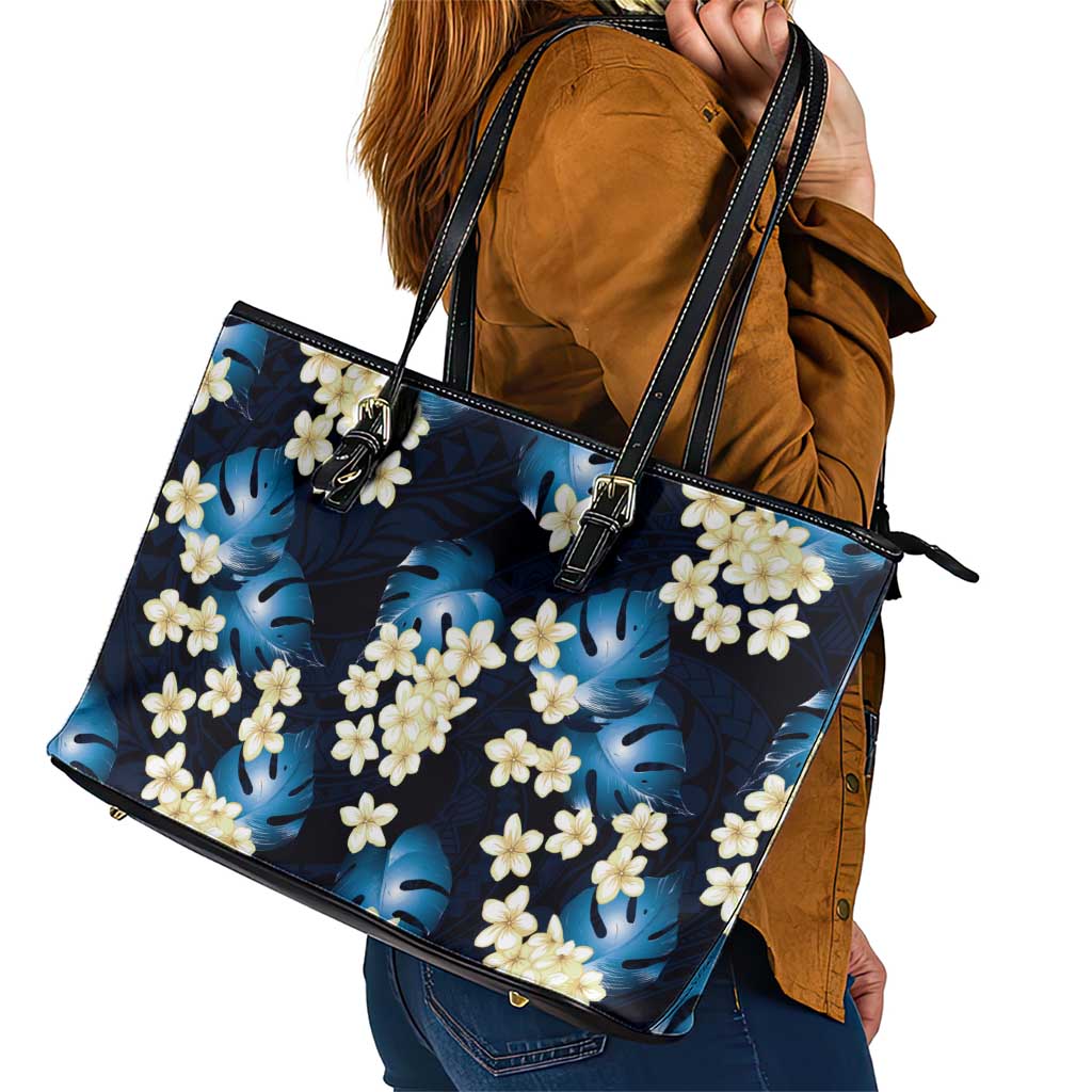 Blue Tropical Hawaii Leather Tote Bag Seamless Monstera Plumeria Hawaiian Pattern LT14 - Polynesian Pride