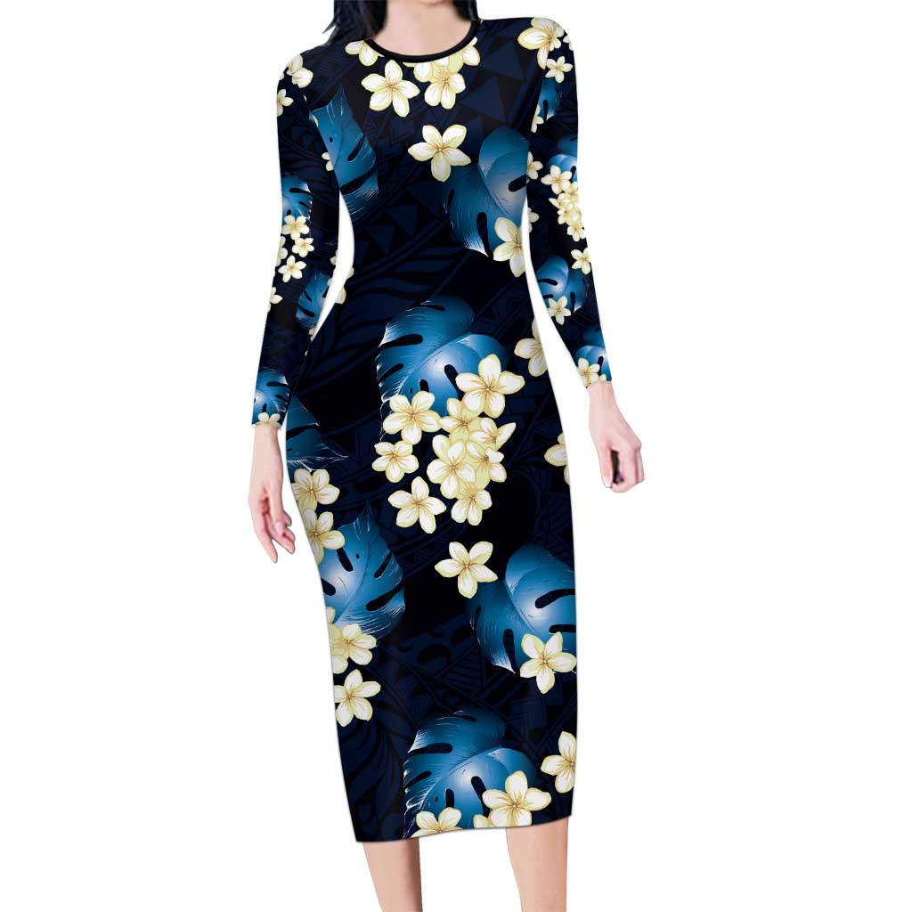 Blue Tropical Hawaii Long Sleeve Bodycon Dress Seamless Monstera Plumeria Hawaiian Pattern - Polynesian Pride