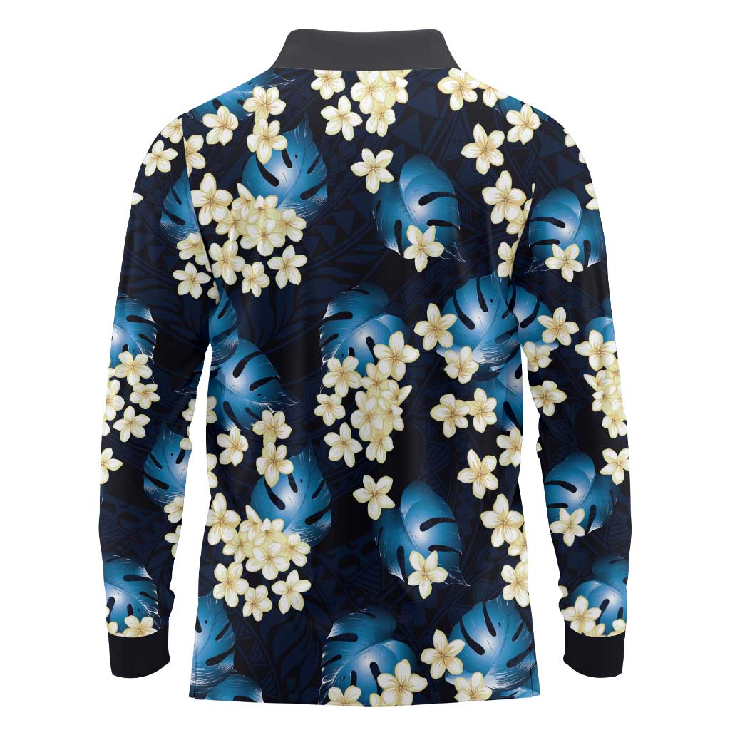 Blue Tropical Hawaii Long Sleeve Polo Shirt Seamless Monstera Plumeria Hawaiian Pattern - Polynesian Pride