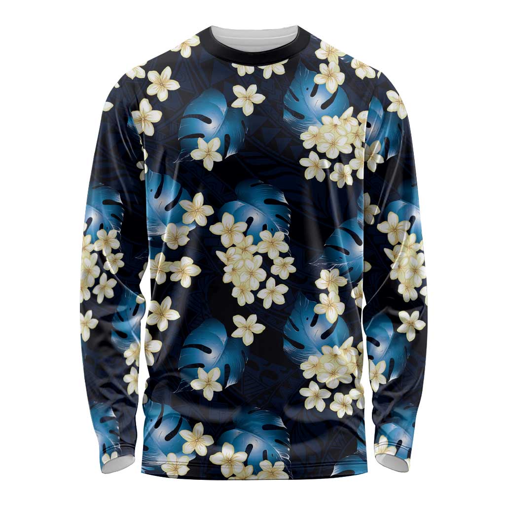 Blue Tropical Hawaii Long Sleeve Shirt Seamless Monstera Plumeria Hawaiian Pattern LT14 Unisex Blue - Polynesian Pride