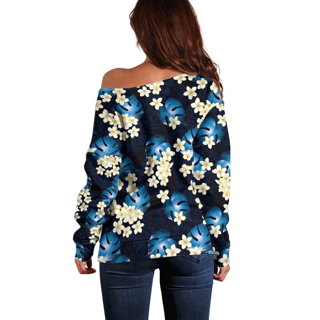 Blue Tropical Hawaii Off Shoulder Sweater Seamless Monstera Plumeria Hawaiian Pattern - Polynesian Pride