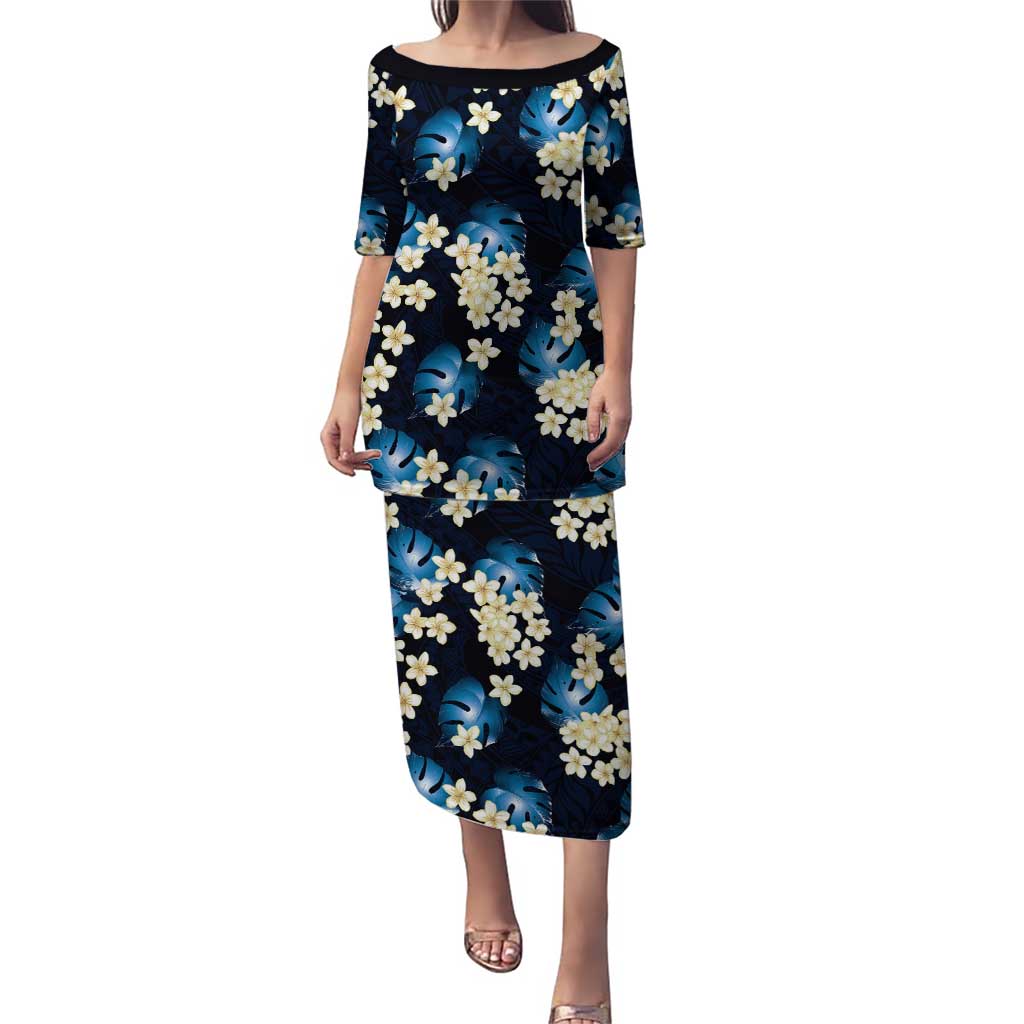 Blue Tropical Hawaii Puletasi Seamless Monstera Plumeria Hawaiian Pattern LT14 Long Dress Blue - Polynesian Pride