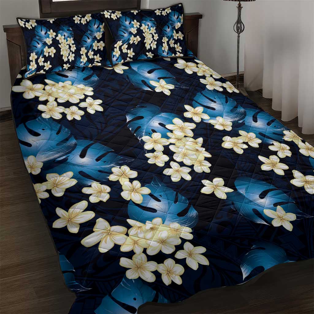 Blue Tropical Hawaii Quilt Bed Set Seamless Monstera Plumeria Hawaiian Pattern - Polynesian Pride