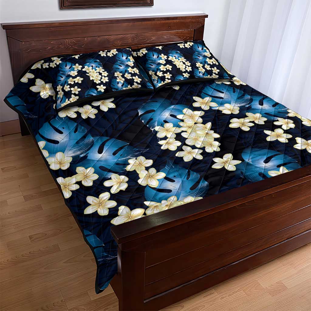 Blue Tropical Hawaii Quilt Bed Set Seamless Monstera Plumeria Hawaiian Pattern - Polynesian Pride