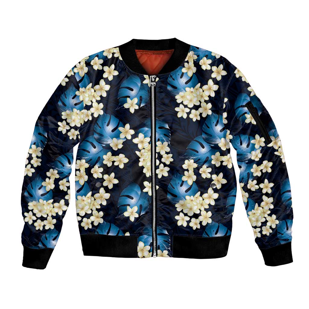 Blue Tropical Hawaii Sleeve Zip Bomber Jacket Seamless Monstera Plumeria Hawaiian Pattern LT14 Unisex Blue - Polynesian Pride