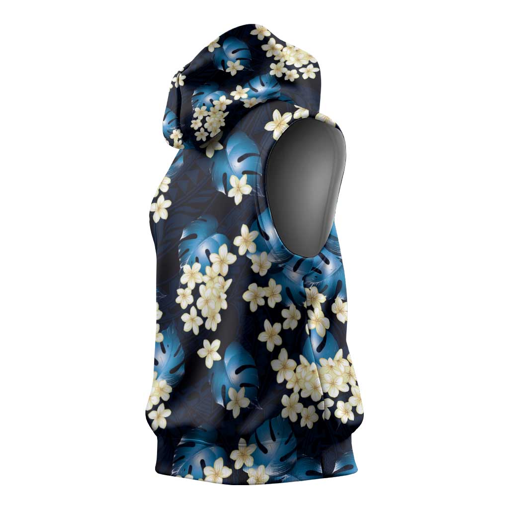 Blue Tropical Hawaii Sleeveless Hoodie Seamless Monstera Plumeria Hawaiian Pattern LT14 - Polynesian Pride