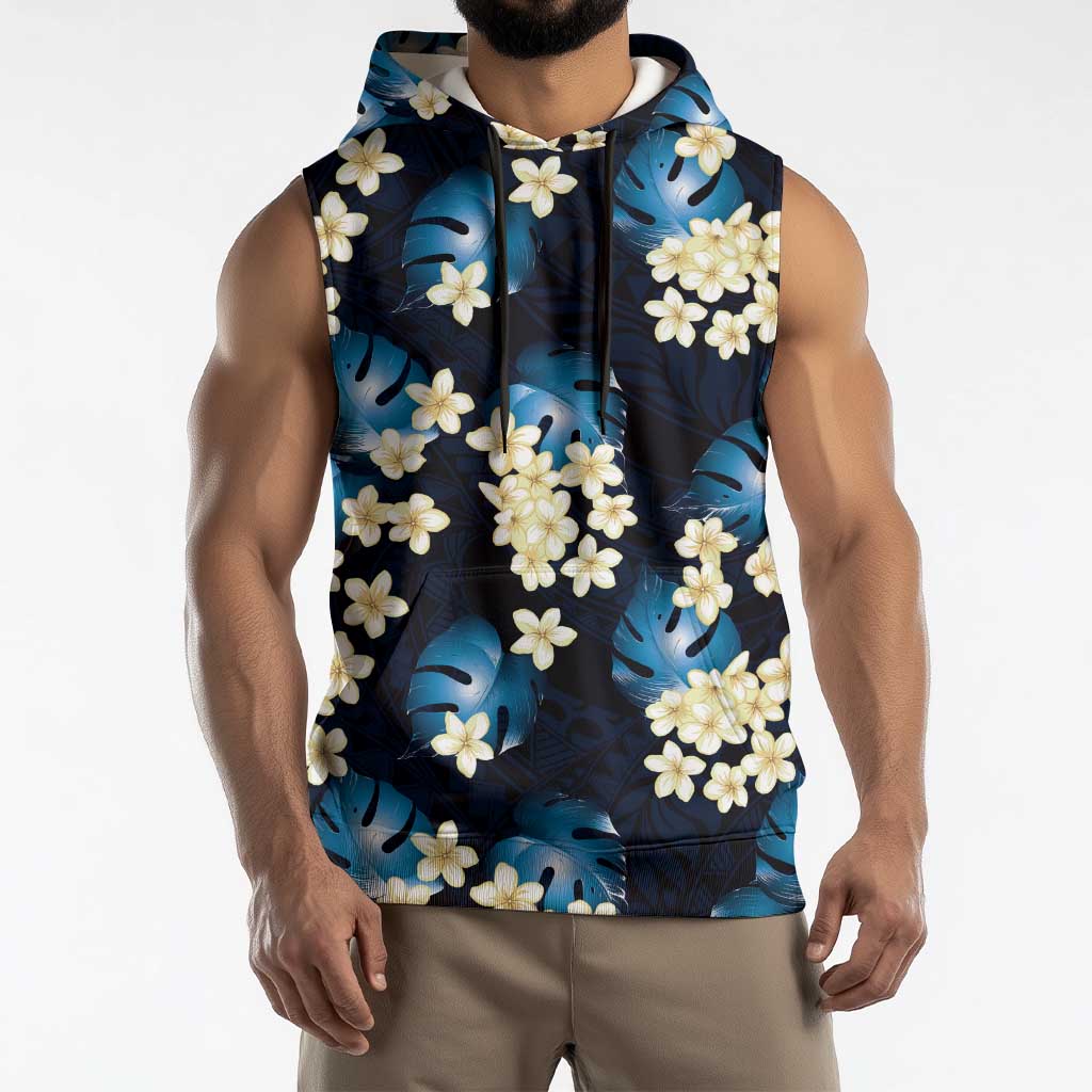 Blue Tropical Hawaii Sleeveless Hoodie Seamless Monstera Plumeria Hawaiian Pattern LT14 - Polynesian Pride