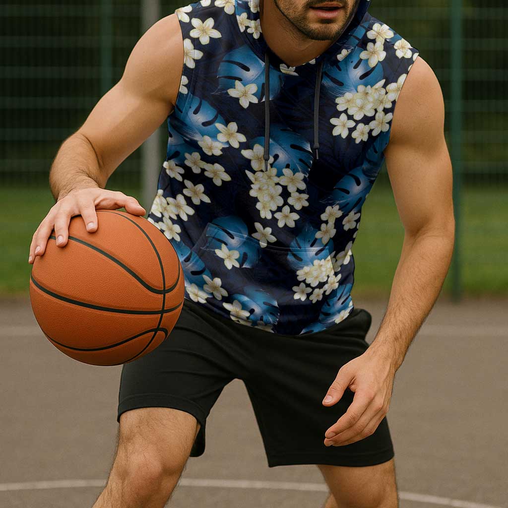 Blue Tropical Hawaii Sleeveless Hoodie Seamless Monstera Plumeria Hawaiian Pattern LT14 - Polynesian Pride