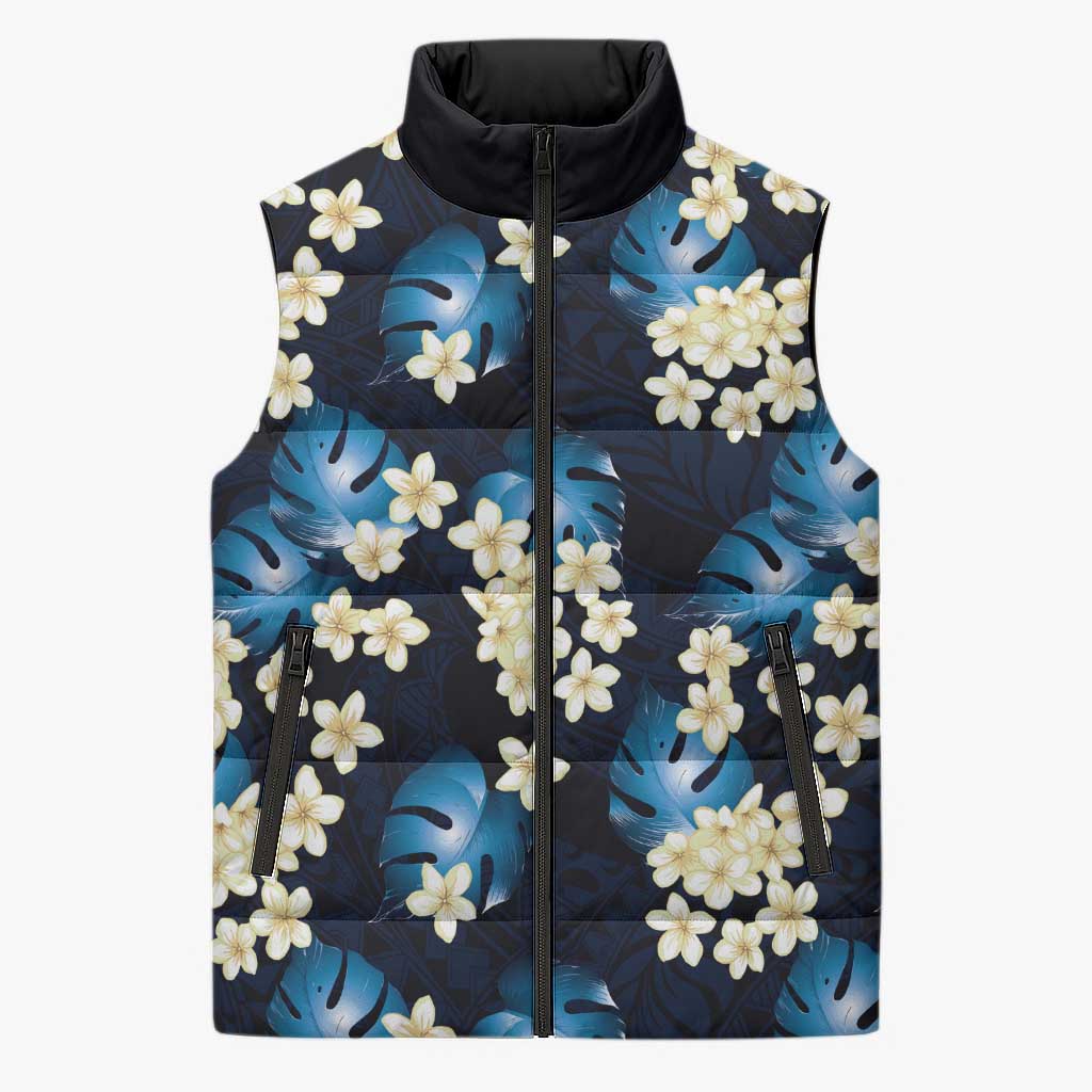 Blue Tropical Hawaii Sleeveless Puffer Jacket Seamless Monstera Plumeria Hawaiian Pattern LT14 Unisex Blue - Polynesian Pride