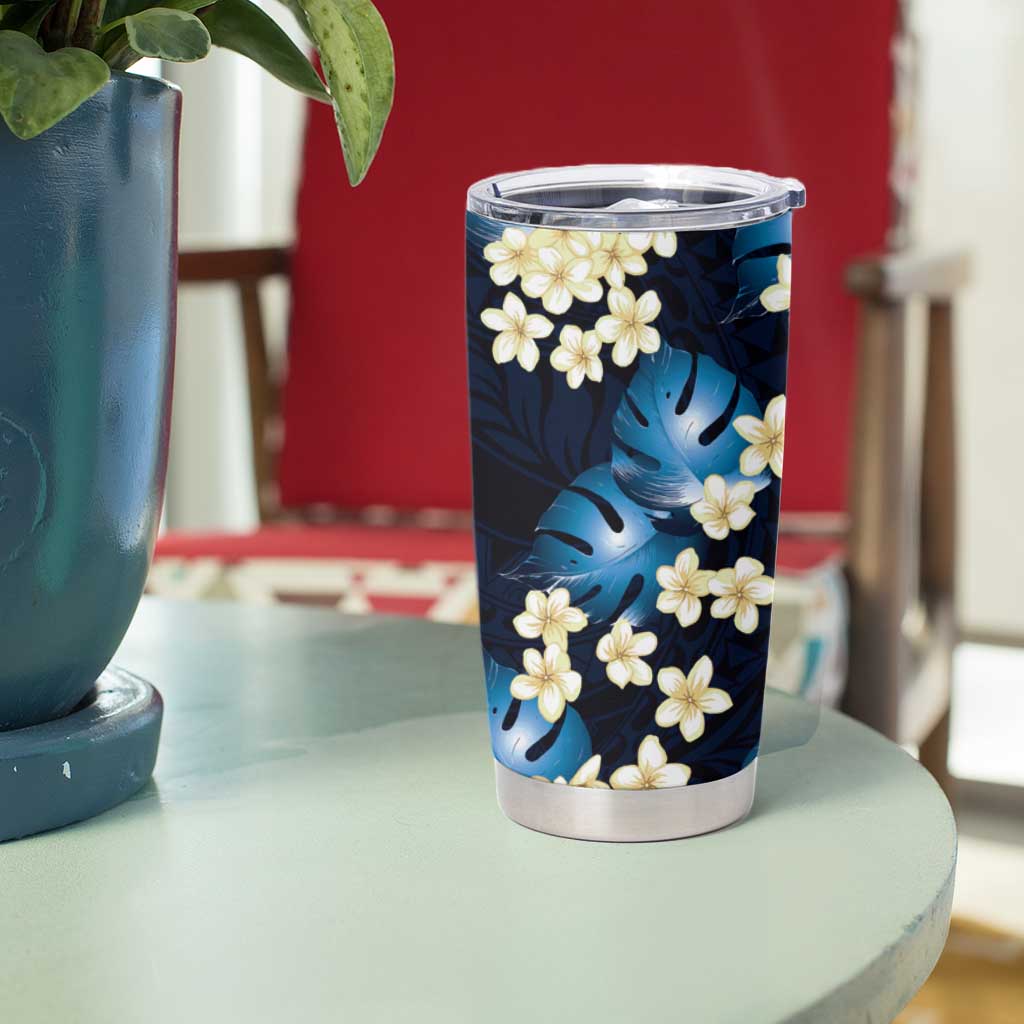 Blue Tropical Hawaii Tumbler Cup Seamless Monstera Plumeria Hawaiian Pattern - Polynesian Pride