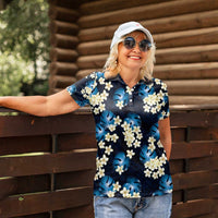 Blue Tropical Hawaii Women Polo Shirt Seamless Monstera Plumeria Hawaiian Pattern - Polynesian Pride