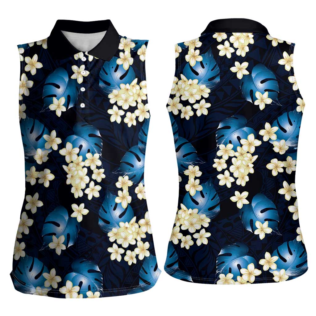 Blue Tropical Hawaii Women Sleeveless Polo Shirt Seamless Monstera Plumeria Hawaiian Pattern - Polynesian Pride