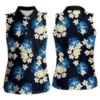 Blue Tropical Hawaii Women Sleeveless Polo Shirt Seamless Monstera Plumeria Hawaiian Pattern - Polynesian Pride