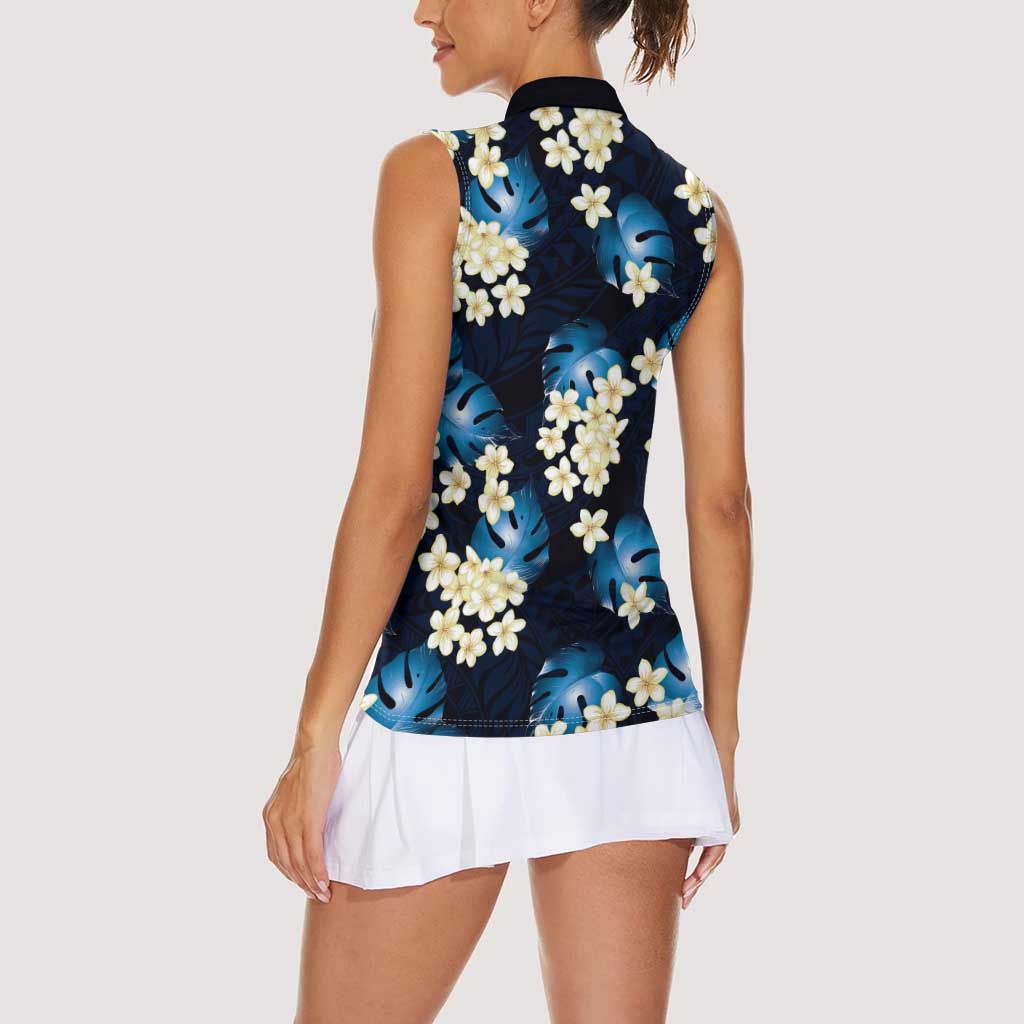 Blue Tropical Hawaii Women Sleeveless Polo Shirt Seamless Monstera Plumeria Hawaiian Pattern - Polynesian Pride