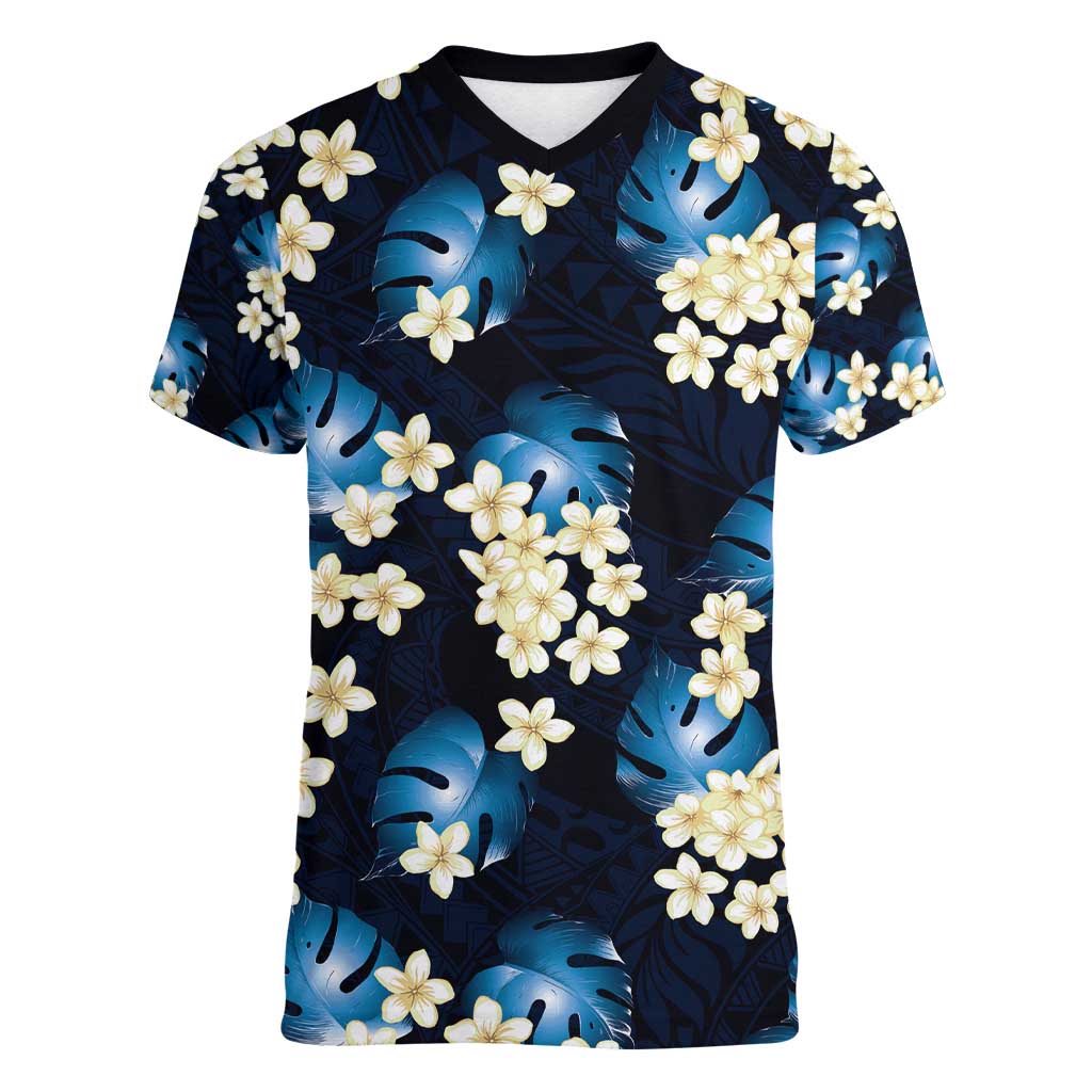 Blue Tropical Hawaii Women V-Neck T-Shirt Seamless Monstera Plumeria Hawaiian Pattern - Polynesian Pride