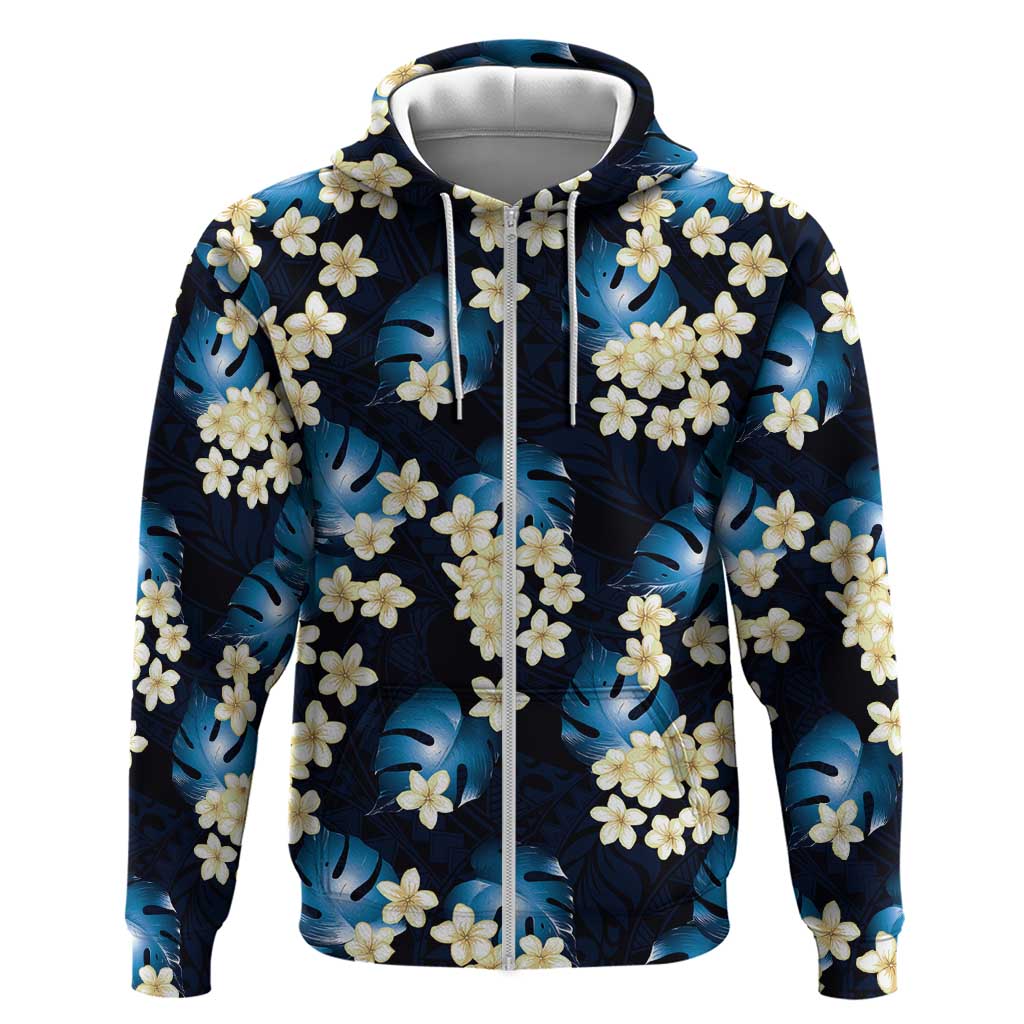 Blue Tropical Hawaii Zip Hoodie Seamless Monstera Plumeria Hawaiian Pattern LT14 Zip Hoodie Blue - Polynesian Pride