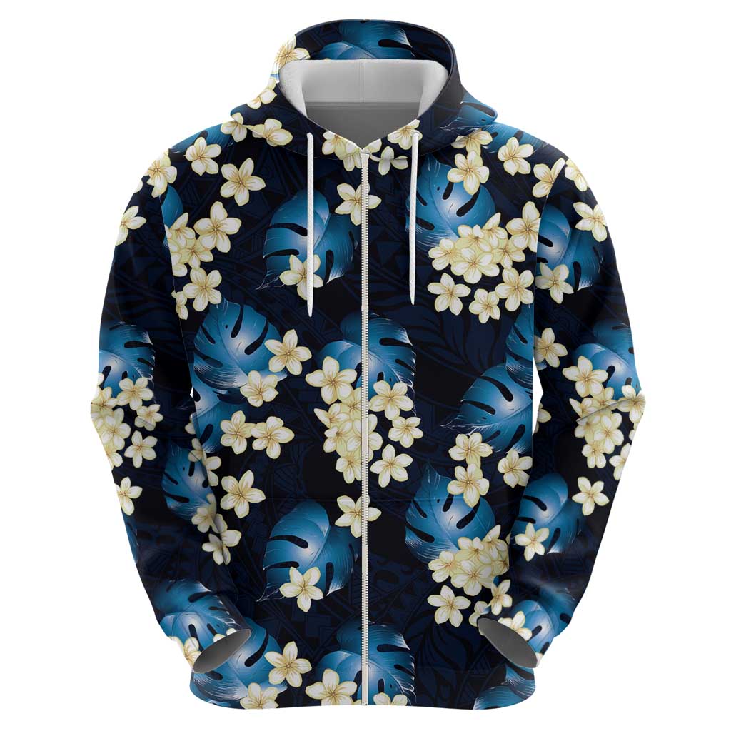Blue Tropical Hawaii Zip Hoodie Seamless Monstera Plumeria Hawaiian Pattern LT14 - Polynesian Pride