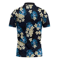 Blue Tropical Hawaii Zipper Polo Shirt Seamless Monstera Plumeria Hawaiian Pattern - Polynesian Pride