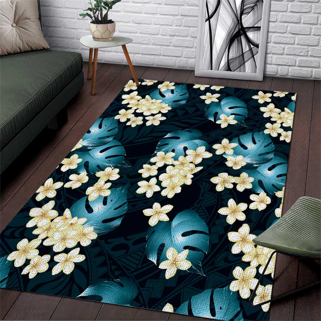 Dark Cyan Tropical Hawaii Area Rug Seamless Monstera Plumeria Hawaiian Pattern - Polynesian Pride