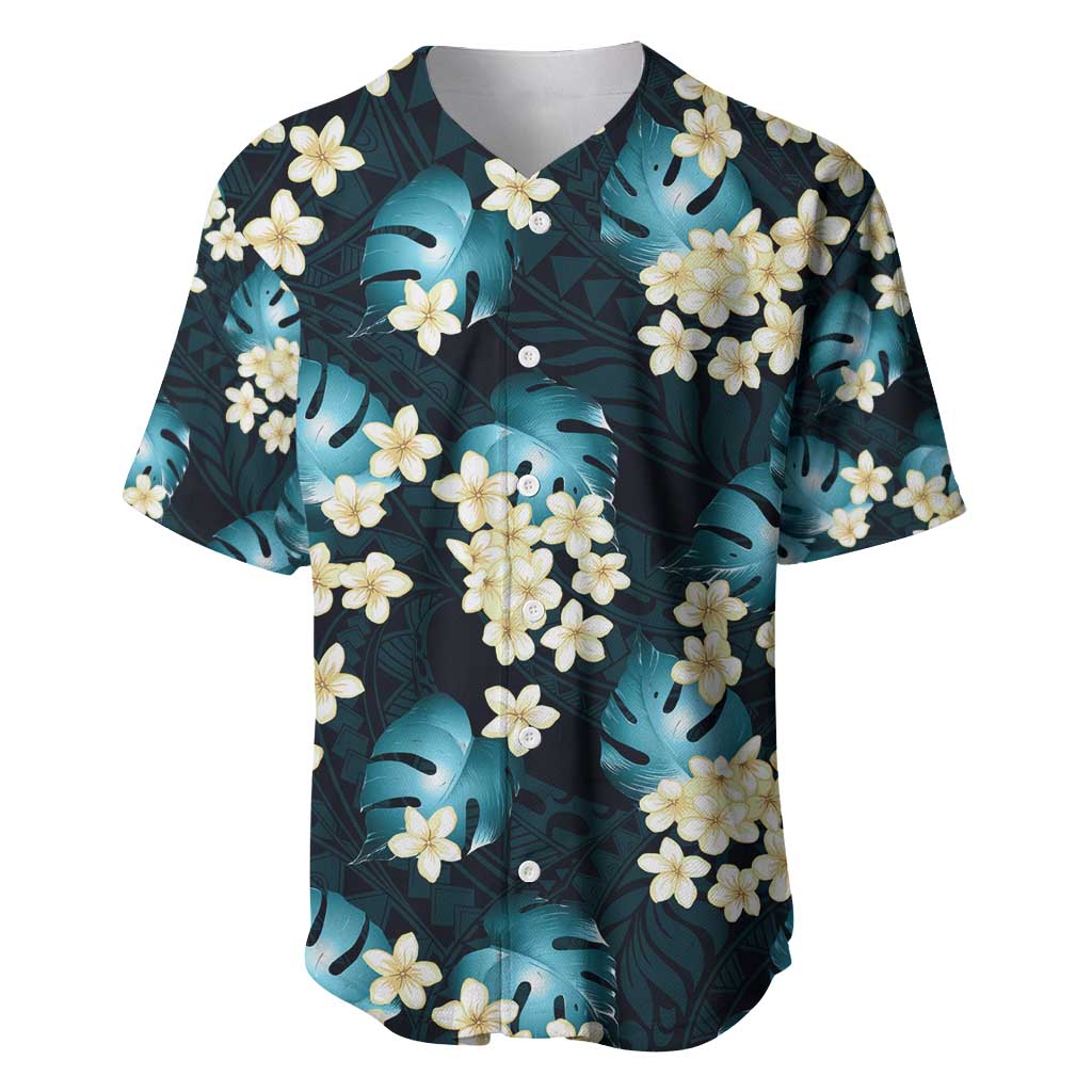 Dark Cyan Tropical Hawaii Baseball Jersey Seamless Monstera Plumeria Hawaiian Pattern LT14 Dark Cyan - Polynesian Pride