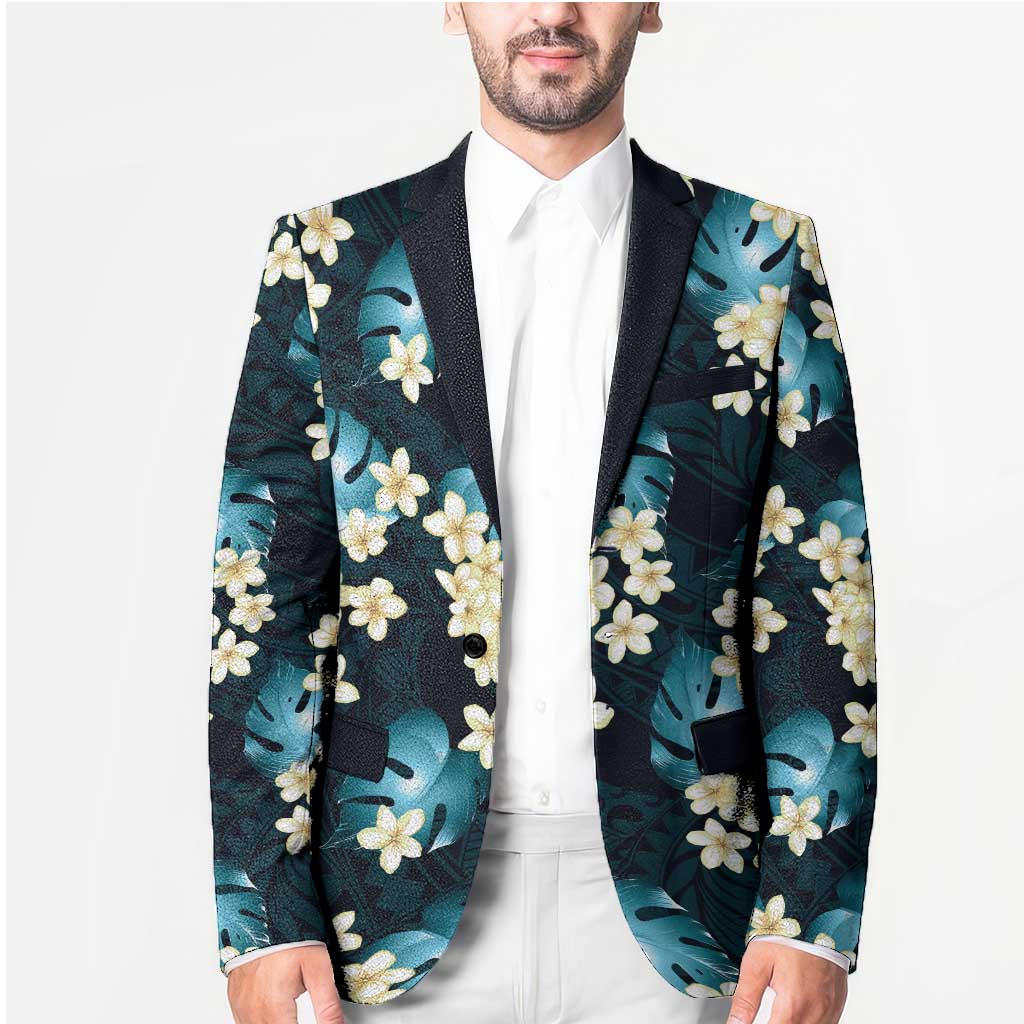 Dark Cyan Tropical Hawaii Blazer Seamless Monstera Plumeria Hawaiian Pattern LT14 - Polynesian Pride