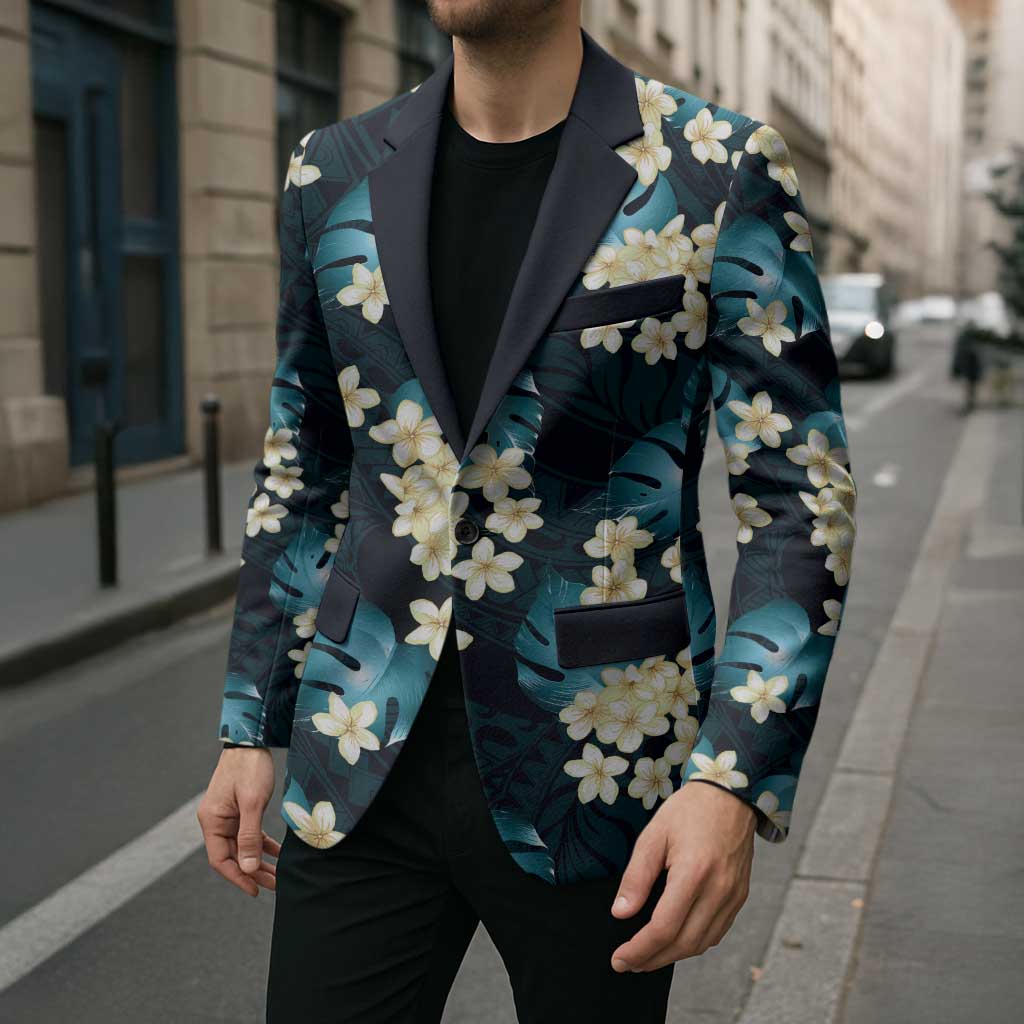 Dark Cyan Tropical Hawaii Blazer Seamless Monstera Plumeria Hawaiian Pattern LT14 - Polynesian Pride