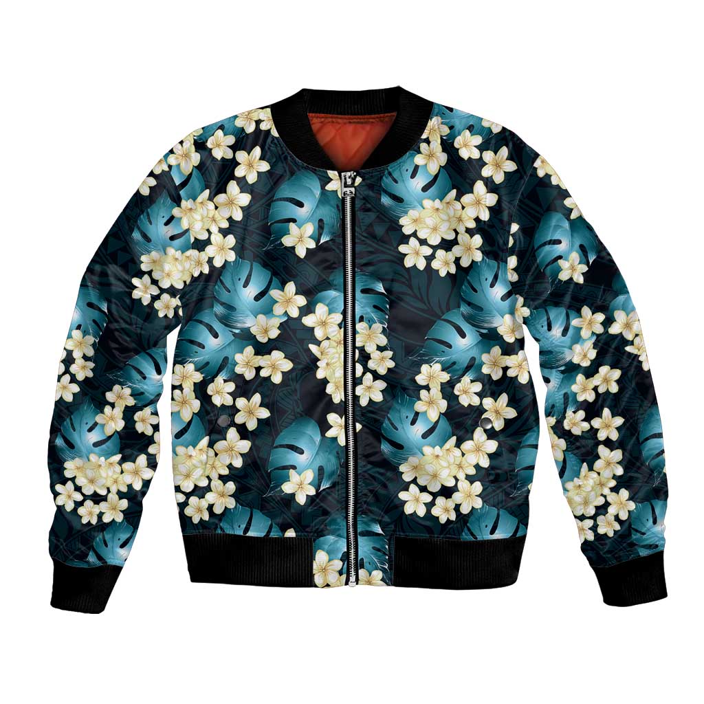 Dark Cyan Tropical Hawaii Bomber Jacket Seamless Monstera Plumeria Hawaiian Pattern LT14 Unisex Dark Cyan - Polynesian Pride