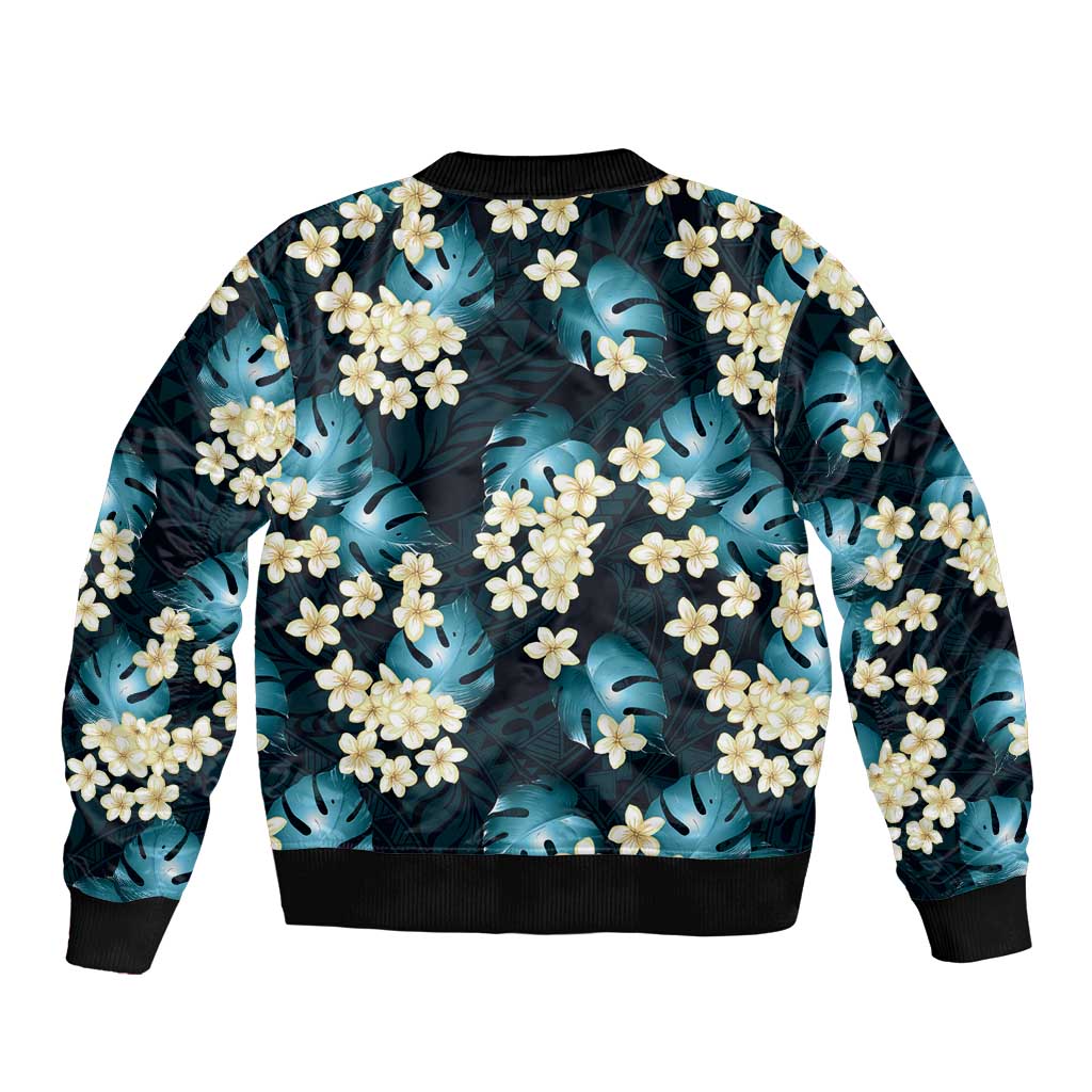 Dark Cyan Tropical Hawaii Bomber Jacket Seamless Monstera Plumeria Hawaiian Pattern LT14 - Polynesian Pride