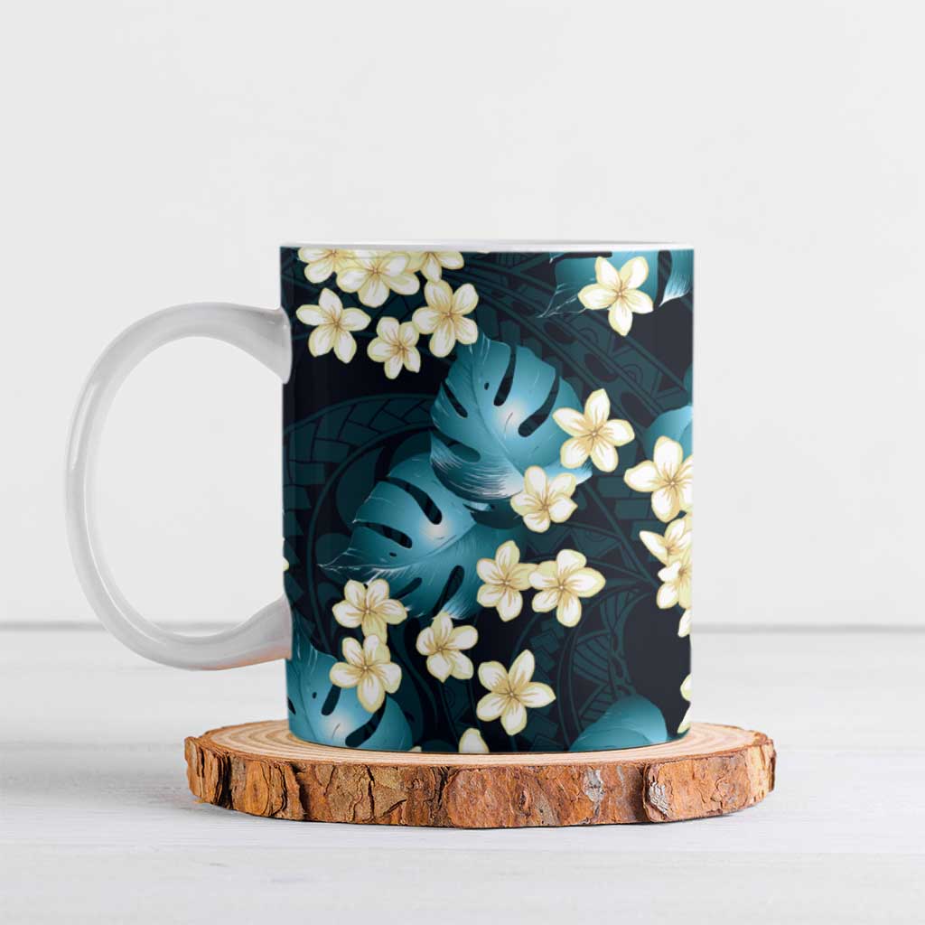 Dark Cyan Tropical Hawaii Ceramic Mug Seamless Monstera Plumeria Hawaiian Pattern LT14 Dark Cyan - Polynesian Pride
