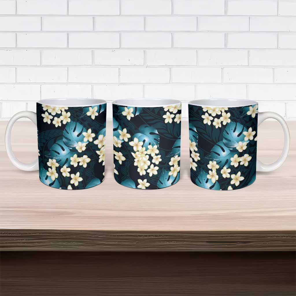 Dark Cyan Tropical Hawaii Ceramic Mug Seamless Monstera Plumeria Hawaiian Pattern LT14 - Polynesian Pride
