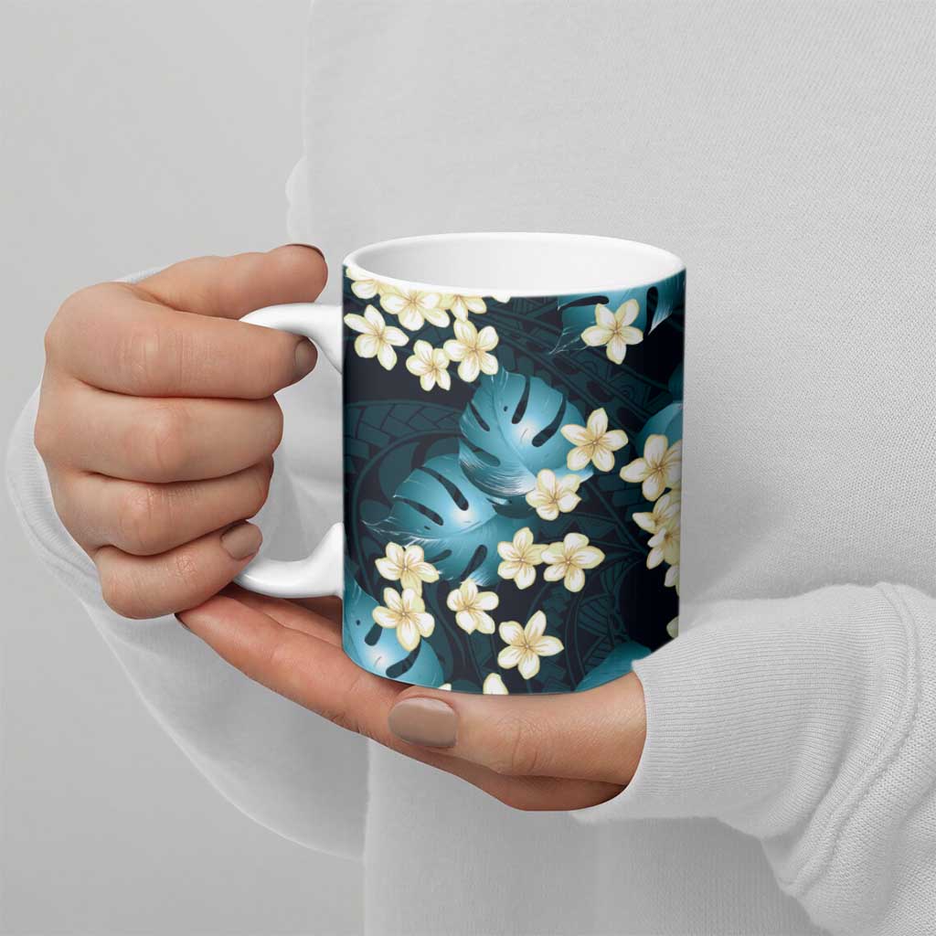 Dark Cyan Tropical Hawaii Ceramic Mug Seamless Monstera Plumeria Hawaiian Pattern LT14 - Polynesian Pride